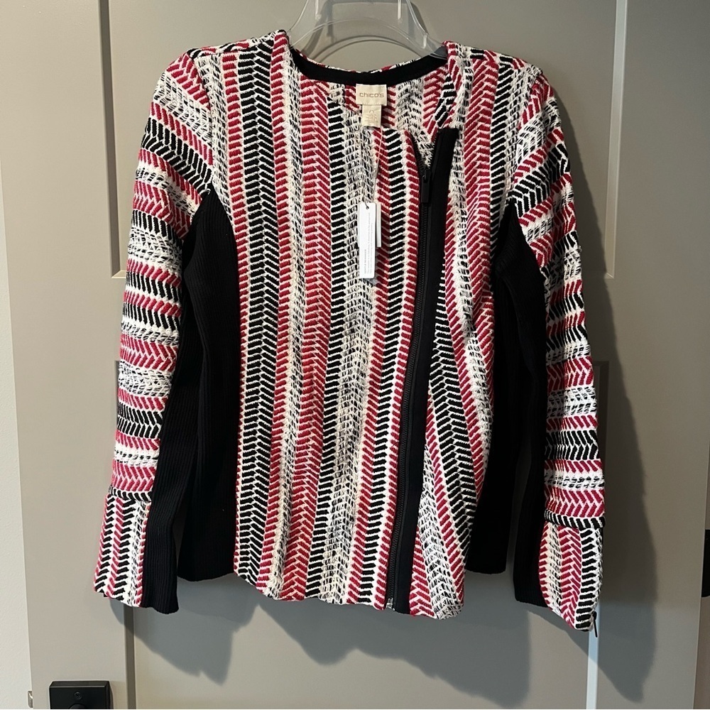 NWT Chicos Size 0 / XS Jacket Black Red White Moto Biker Zig Zag Knit Zip Cuffs